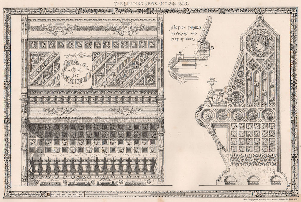 Section through keyboard and foot of desk. Design 1873 old antique print